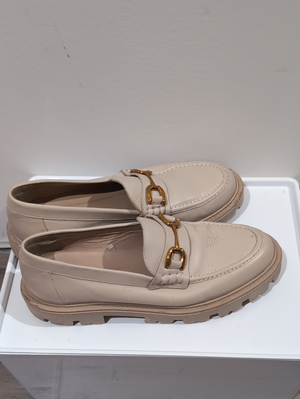 Zara Beige Leather Women's  Slip-On Loafers with Gold Bit Hardware